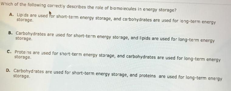 Which of the following correctly describes the role of biomolecules in energy storage-example-1