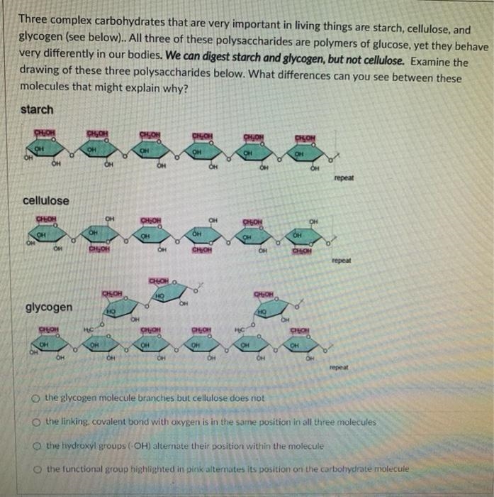 Three complex carbohydrates that are very important in living things are starch, cellulose-example-1