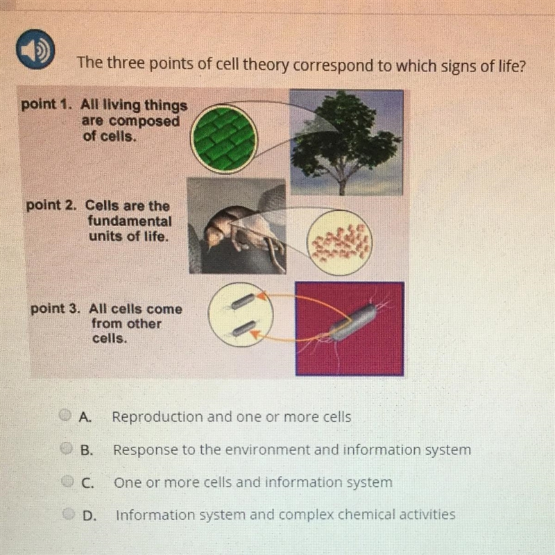 (90 POINTS) The three points of cell theory correspond to which signs of life? point-example-1