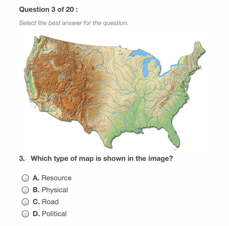 What type of map is shown in the image? A. Resource B. Physical C. Road D. Political-example-1