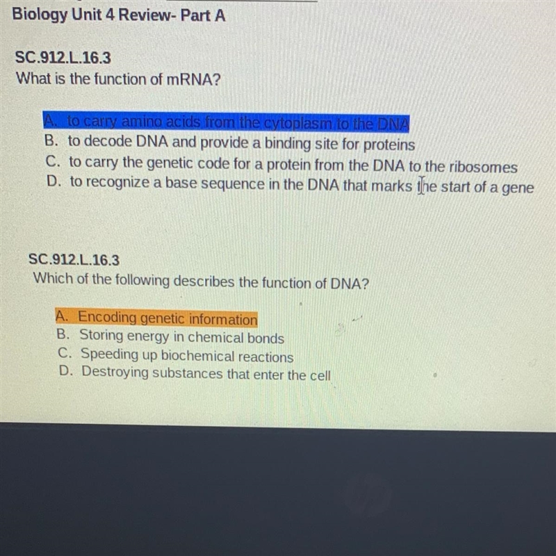 What is the function of DNA and mRNA?-example-1