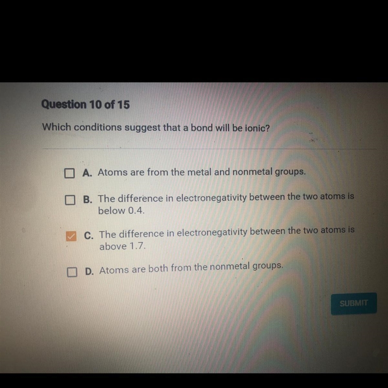 Which conditions suggest that a bond will be ionic?-example-1