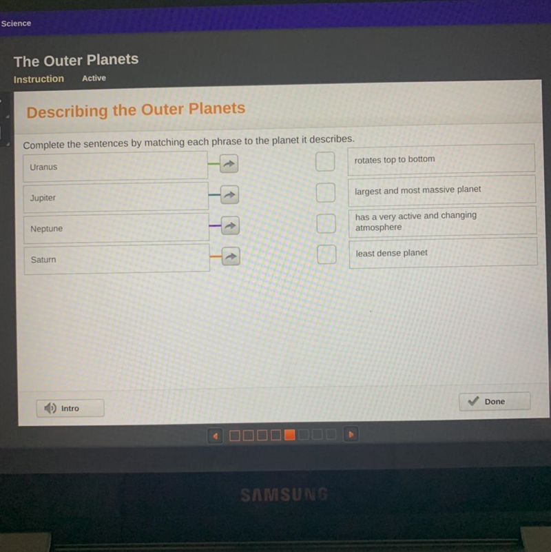 Pls help Describing the Outer Planets Complete the sentences by matching each phrase-example-1