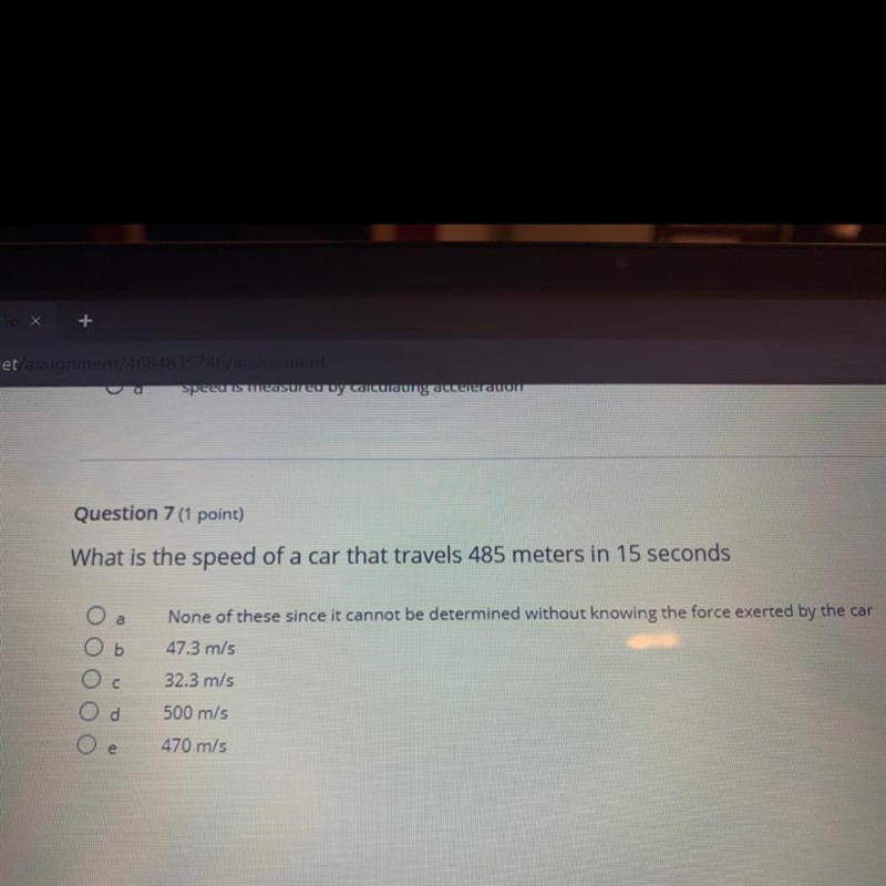 What is the speed of a car that travels 485 meters in 15 seconds-example-1