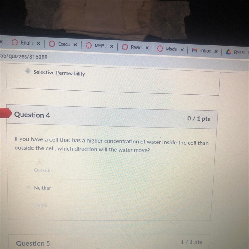 Question 4 If you have a cell that has a higher concentration of water inside the-example-1