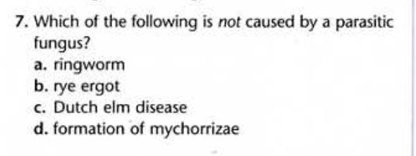 Which of the following is not caused by a parasitic fungus? a. ringworm b. rye ergot-example-1