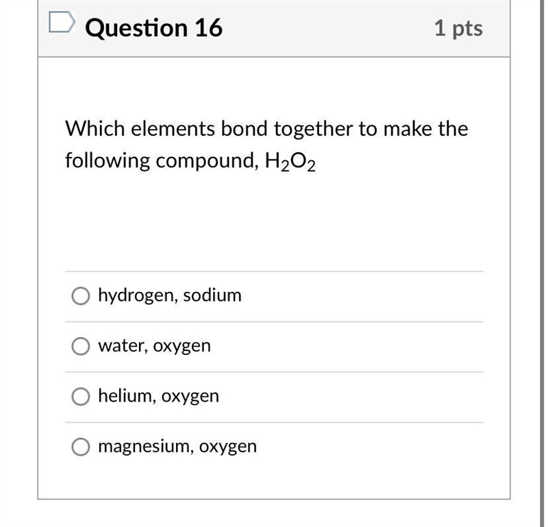 Which elements bond together to make the following compound, H2O2 Group of answer-example-1