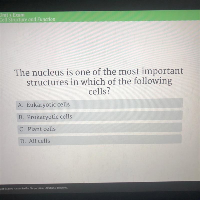 The nucleus is one of the most important structures in which of the following cells-example-1