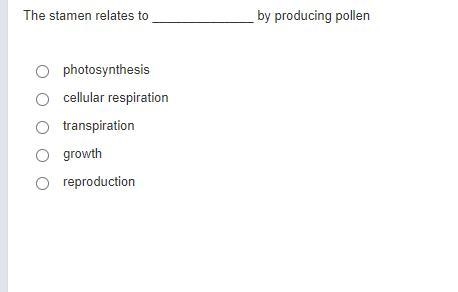 The stamen relates to ______________ by producing pollen photosynthesis cellular respiration-example-1