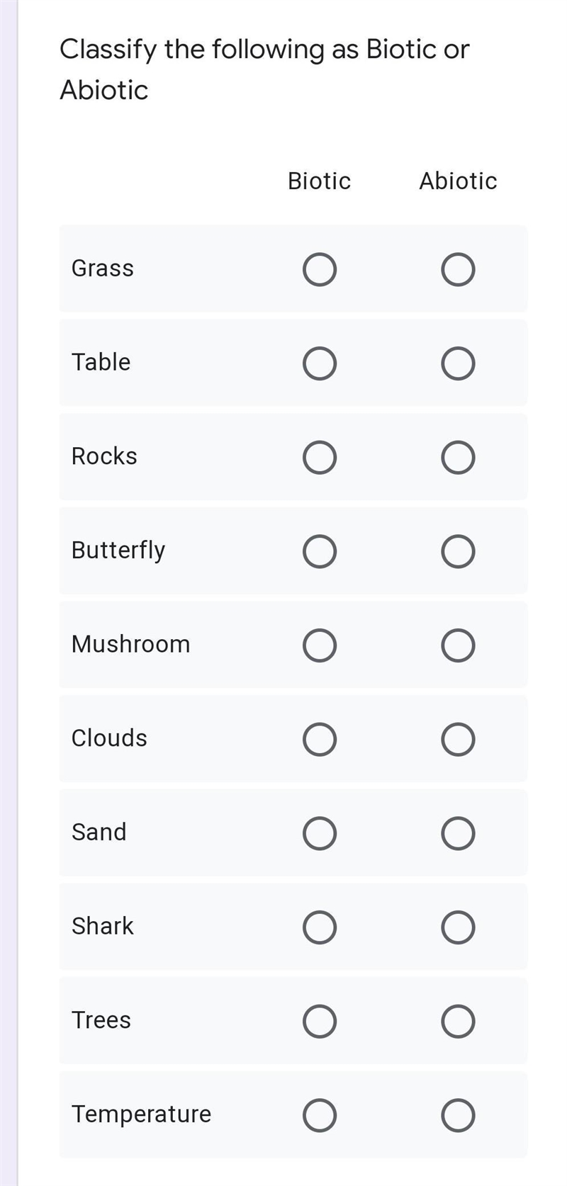 Please help me Biotic. Abiotic Grass Table Rocks Butterfly Mushroom Clouds Sand Shark-example-1