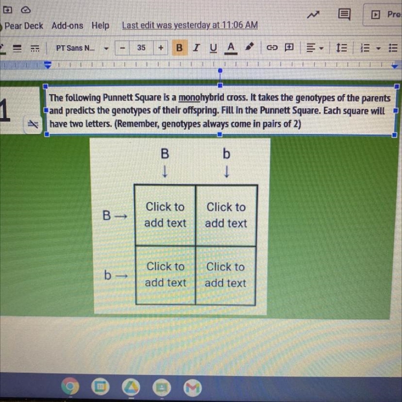 The following Punnett Square is a monohybrid cross. It takes the genotypes of the-example-1