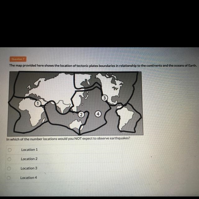 Which location would u most likely NOT expect an earth quake Location 1 Location 2 Location-example-1