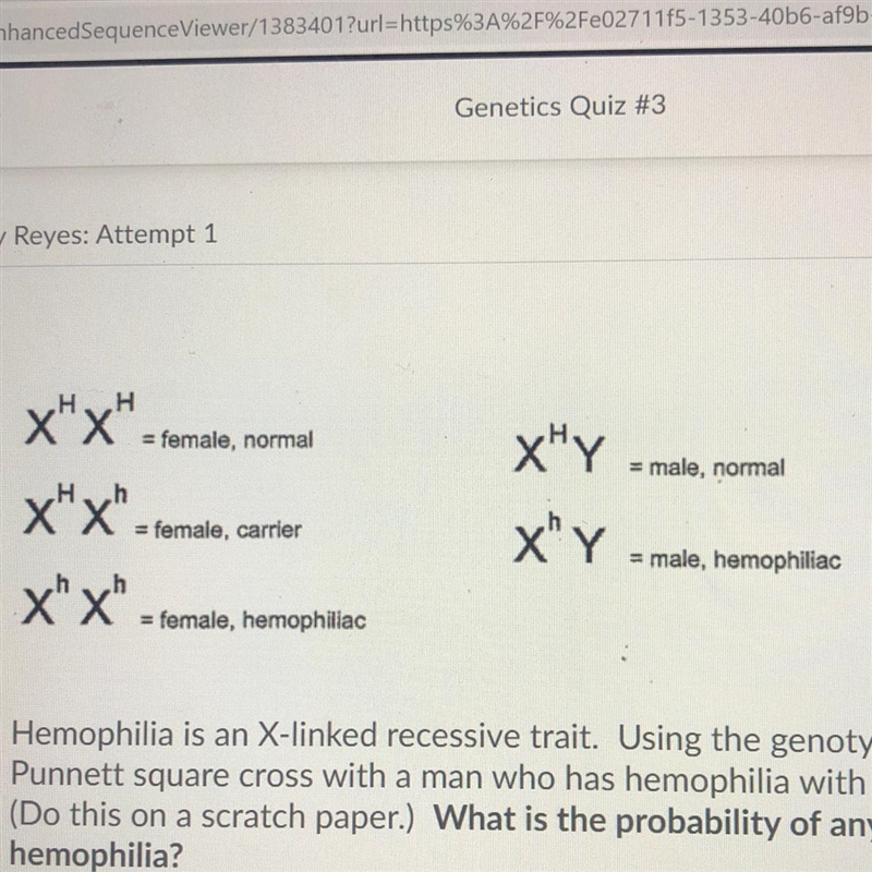 Hemophilia is an X-linked recessive trait. Using the genotypes above, complete a Punnett-example-1