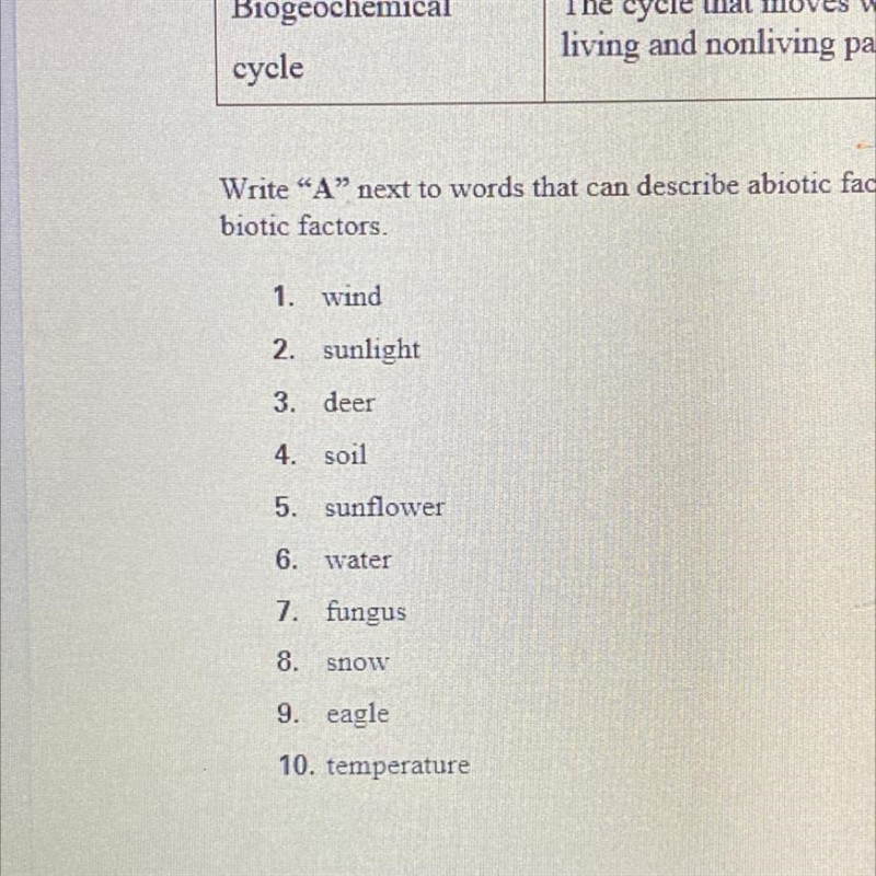 Write "A" next to words that can describe abiotic factors. Write "B-example-1