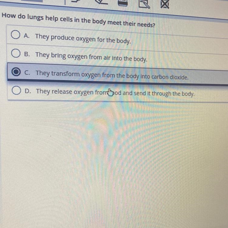 How do lungs help cells in the body meet their needs? A. They produce oxygen for the-example-1