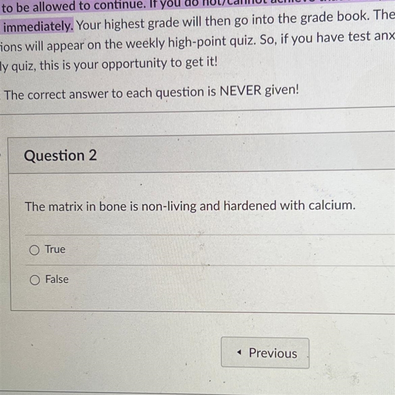 The matrix in bone is non-living and hardened with calcium true or false?-example-1