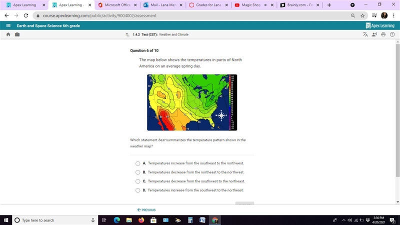 Which statement best summarizes the temperature pattern shown in the weather map? plz-example-1