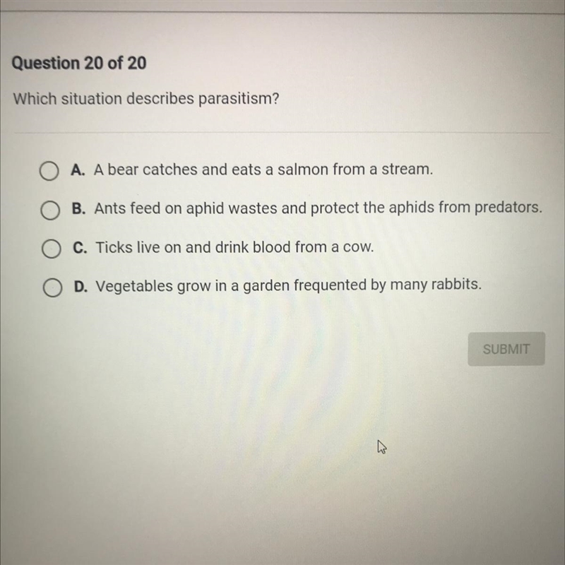 Help pls:( Which situation describes parasitism?-example-1