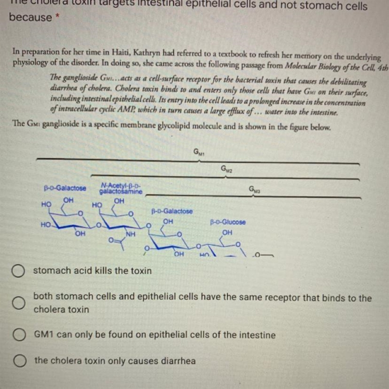 The cholera toxin targets intestinal epithelial cells and not stomach cells because-example-1