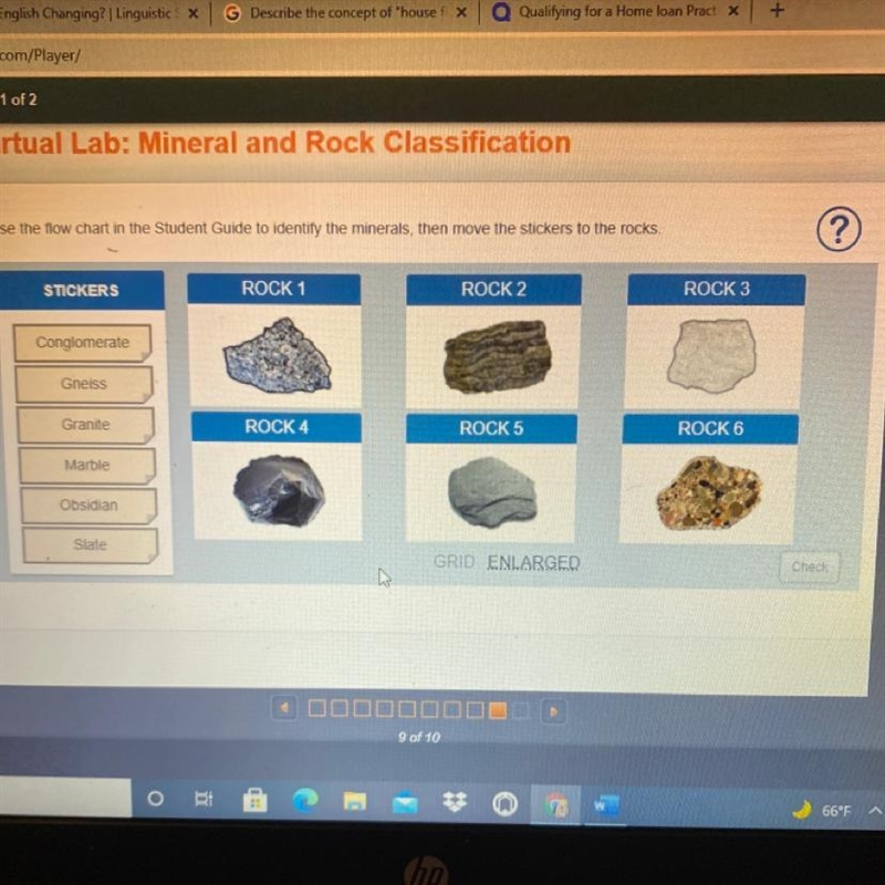 Use the flow chart in the Student Guide to identify the minerals, then move the stickers-example-1