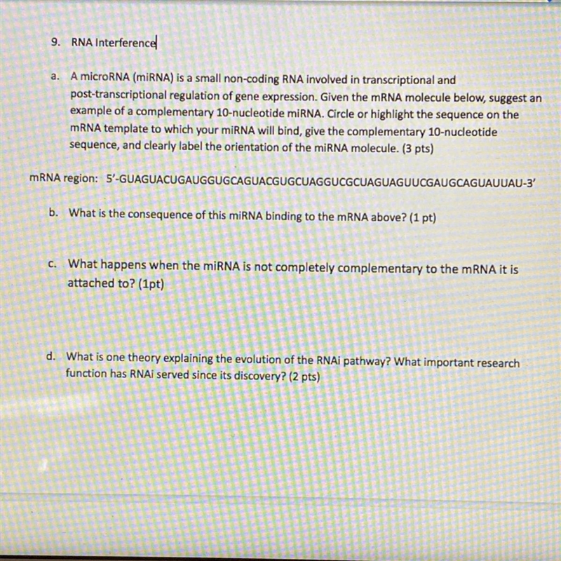 Answer parts A, B, C, D Photo Attached a). a microRNA (miRNA) is a small non-coding-example-1