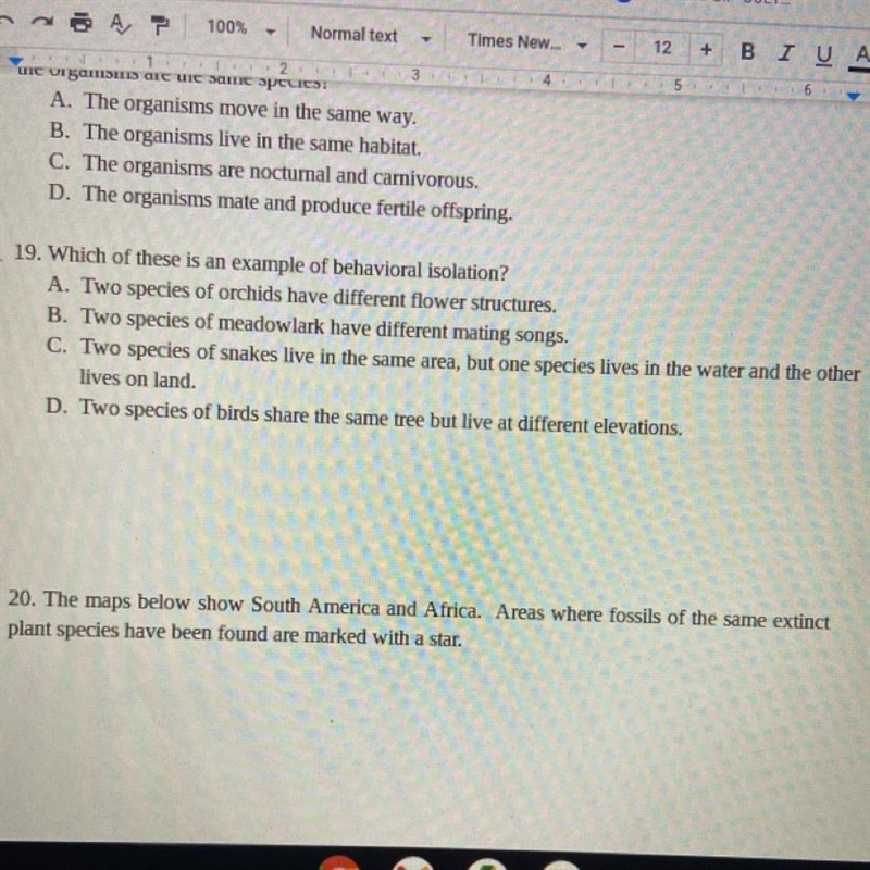 19. Which of these is an example of behavioral isolation? A. Two species of orchids-example-1