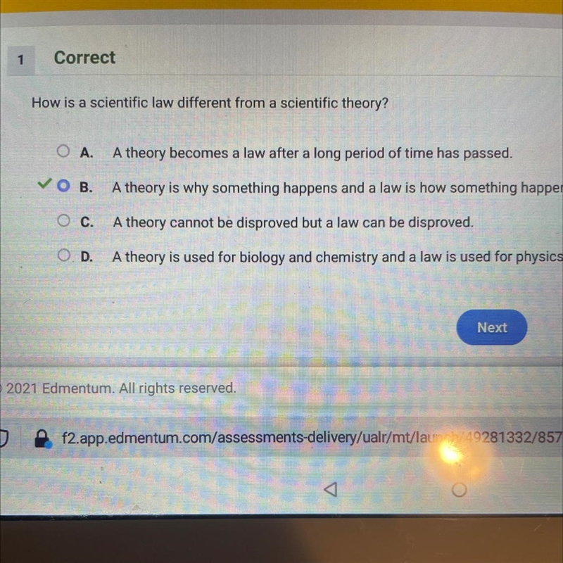 1 Correct How is a scientific law different from a scientific theory? A. A theory-example-1