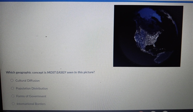 Which geographic concept is MOST EASILY seen in this picture? Cultural Diffusion Population-example-1