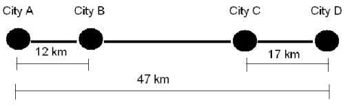 What is the distance from City B to City D? A. 12 km B. 17 km C. 35 km D. 47 km-example-1