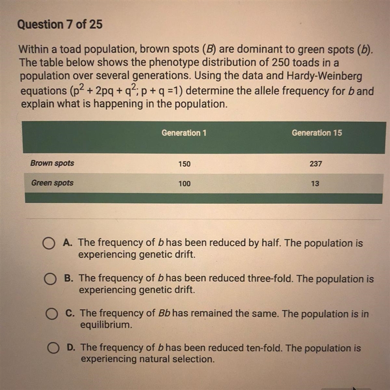 Within a toad population, brown spots (B) are dominant to green spots (b). The table-example-1