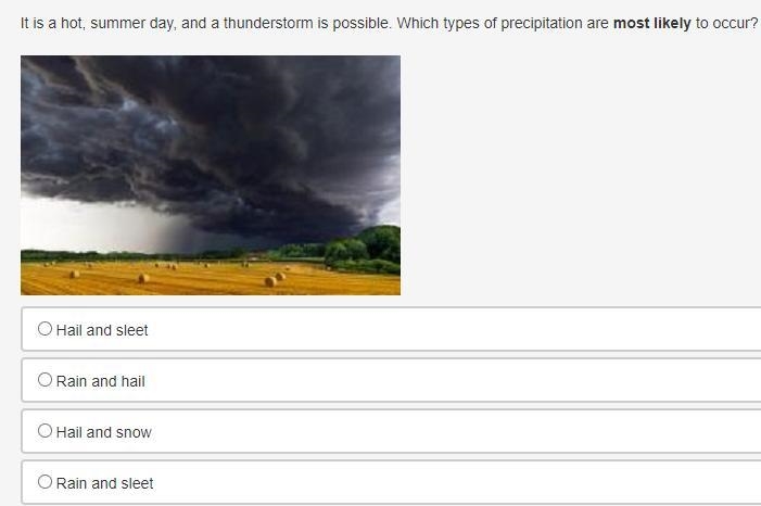 It is a hot, summer day, and a thunderstorm is possible. Which types of precipitation-example-1