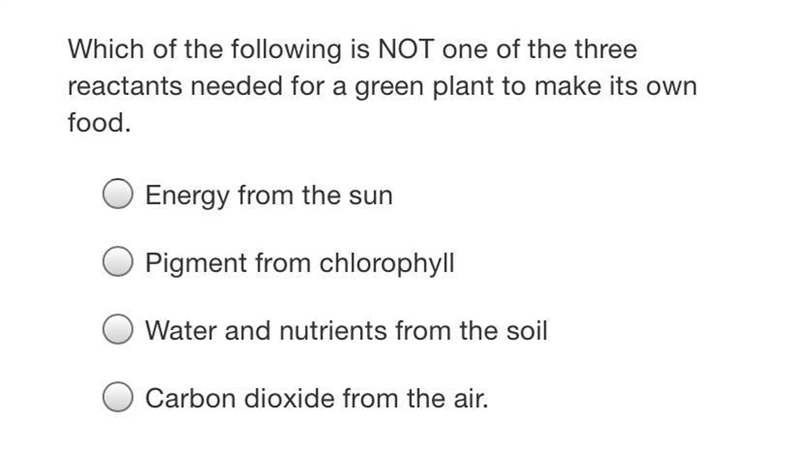 Which of the following is NOT one of the three reactants needed for a green plant-example-1