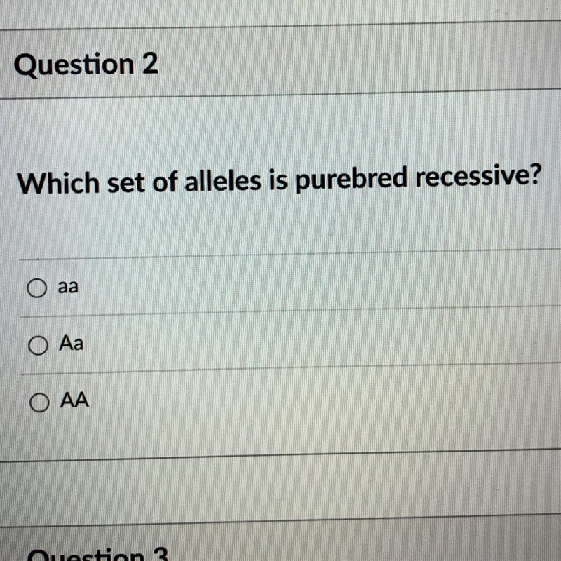 Which set of alleles is purebred recessive? A) aa B) Aa C) AA-example-1