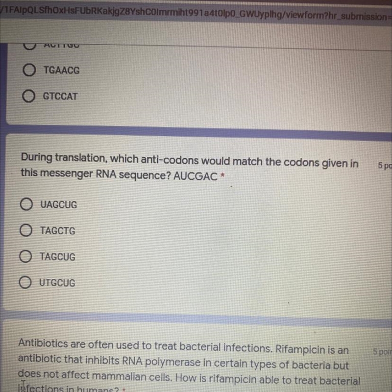 5 points During translation, which anti-codons would match the codons given in this-example-1