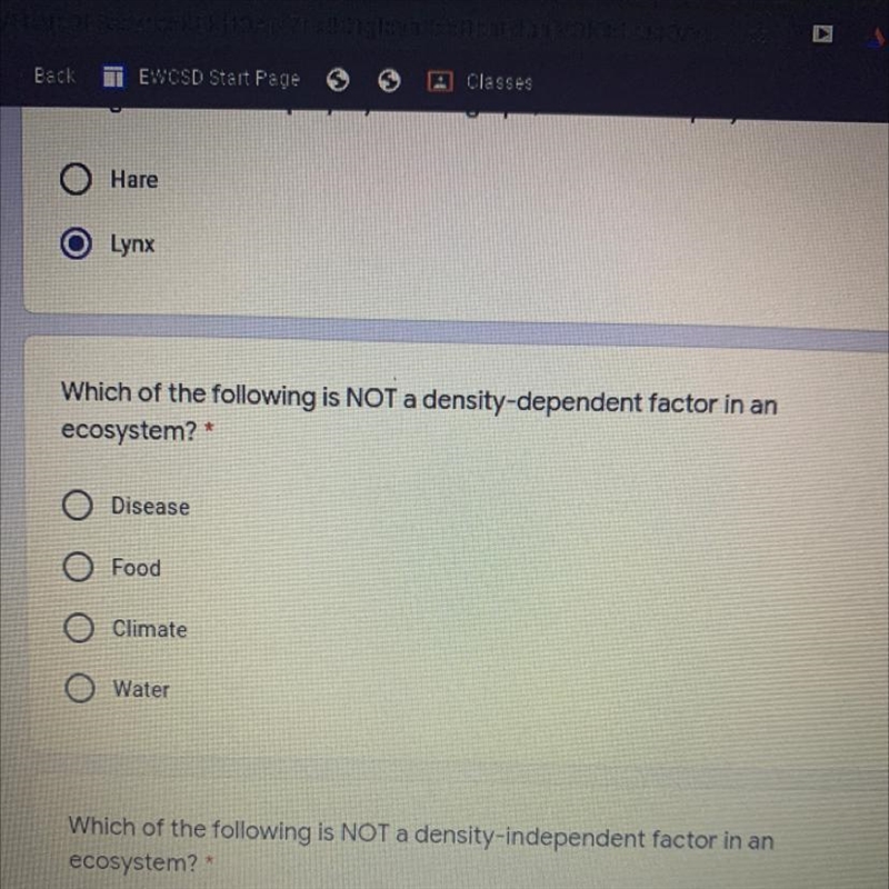 Which of the following is NOT a density-dependent factor in an ecosystem?-example-1