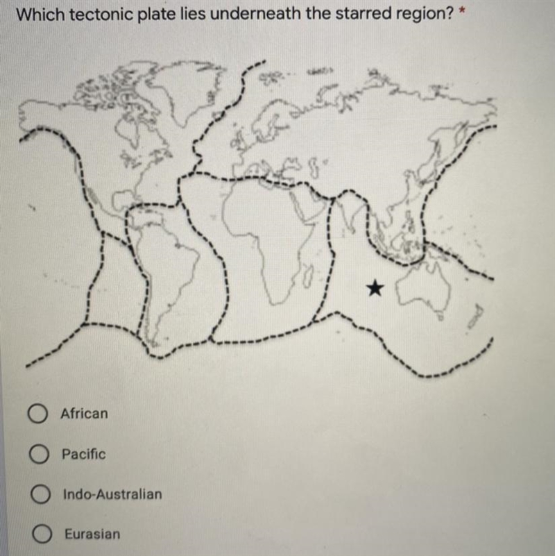 Which tectonic plate lies underneath the starred region? * A. African B. Pacific C-example-1