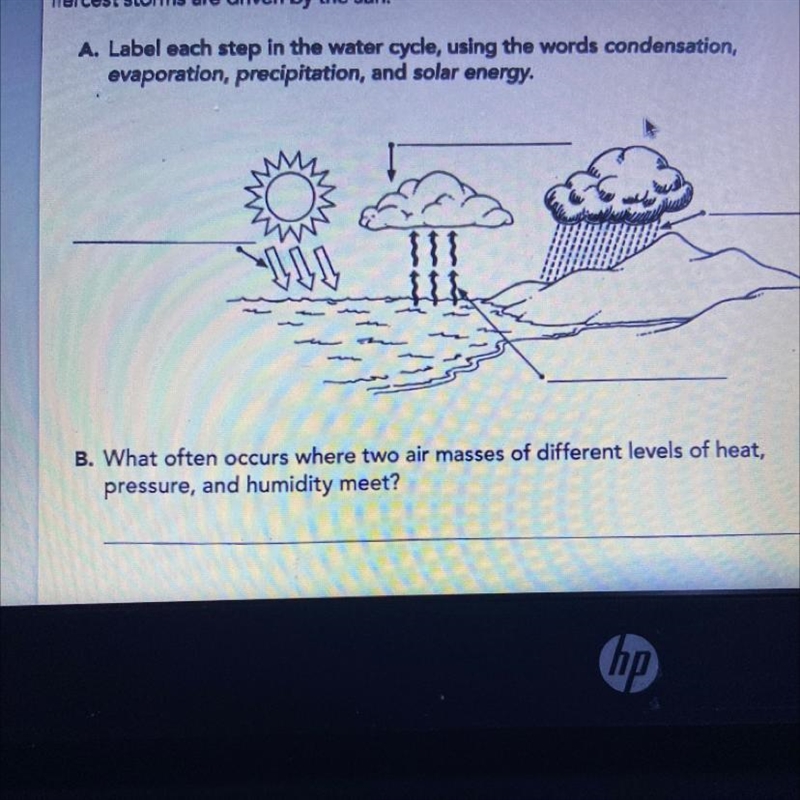 A. Label each step in the water cycle, using the words condensation, evaporation, precipitation-example-1