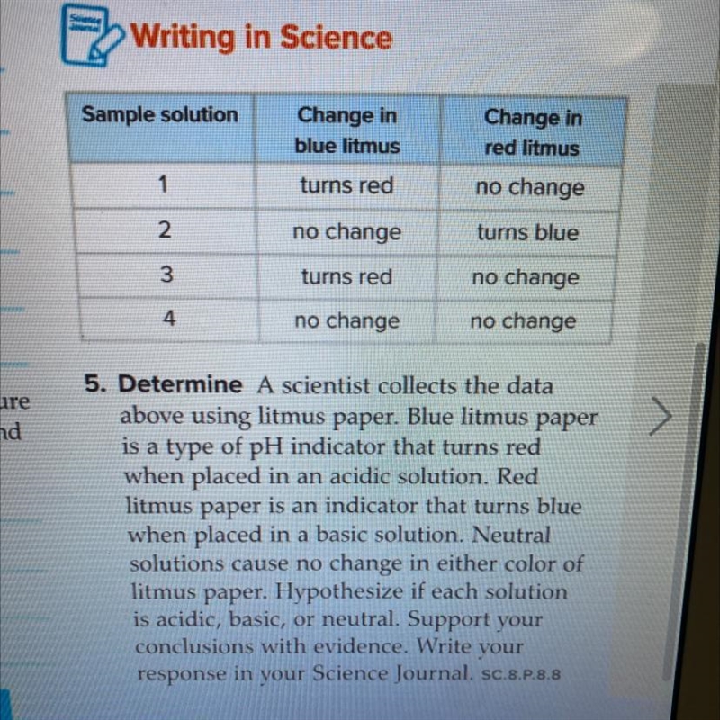 Determine A scientist collects the data above using litmus paper. Blue litmus paper-example-1