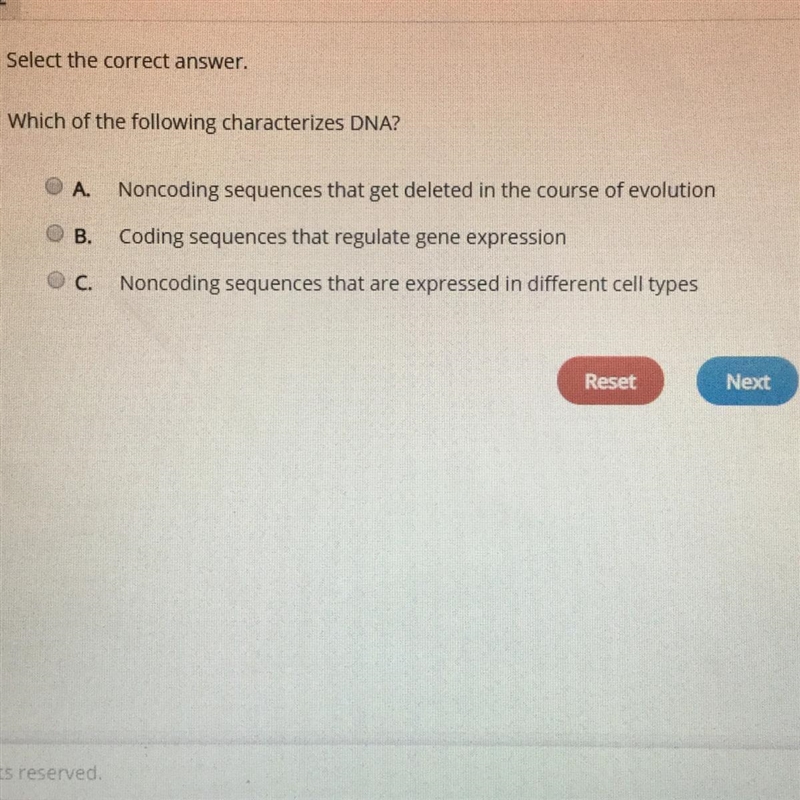 Select the correct answer. Which of the following characterizes DNA? A. Noncoding-example-1