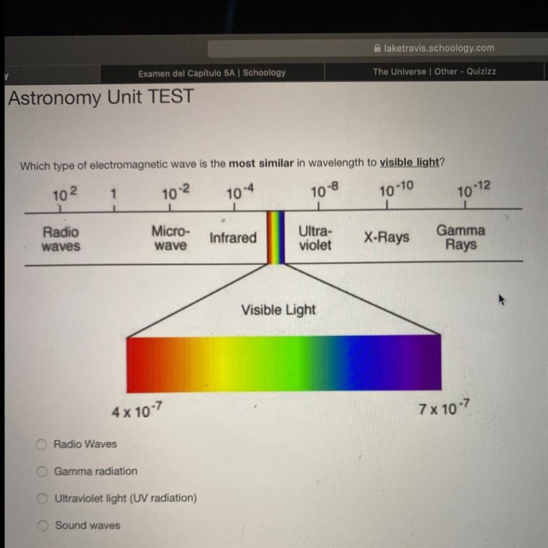 Which type of electromagnetic wave is the most similar in wavelength to visible light-example-1