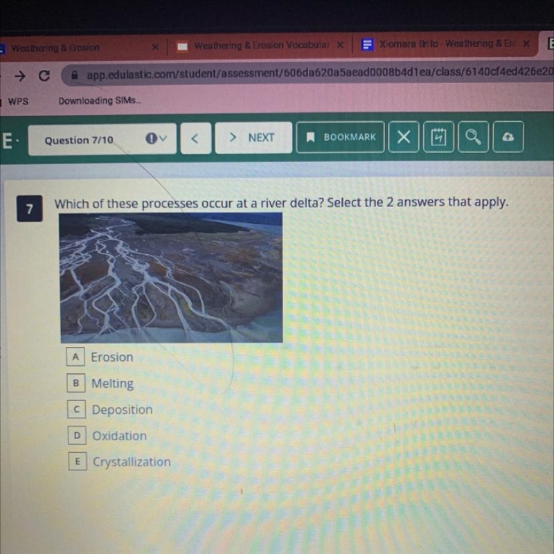 Which of these processes occur at a river delta? Select the 2 answers that apply.-example-1