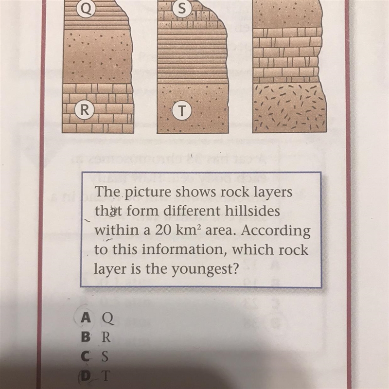 Column 1 Column 2 Column 3 Q (S R T The picture shows rock layers that form different-example-1