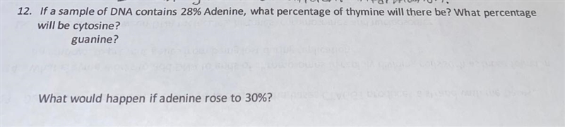 12. If a sample of DNA contains 28% Adenine, what percentage of thymine will there-example-1