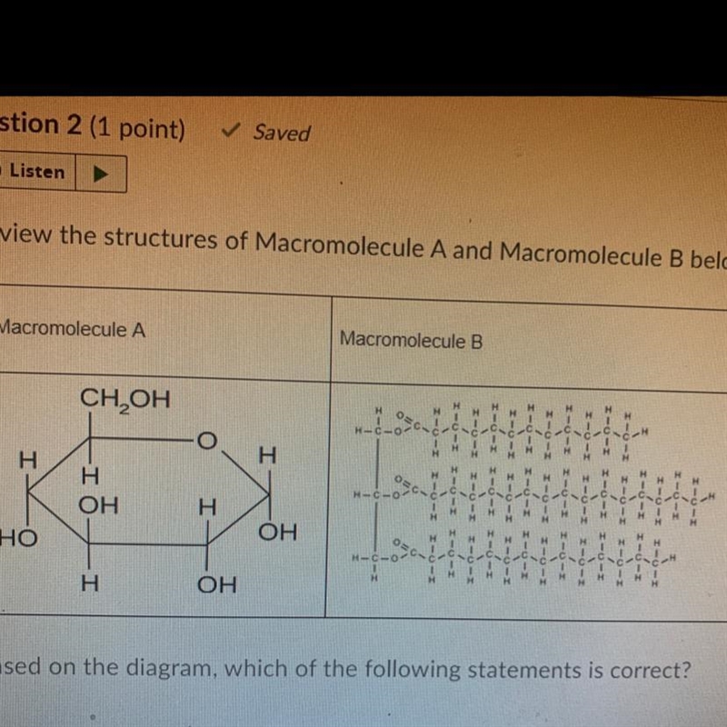 Review the structures of Macromolecule A and Macromolecule B below. Macromolecule-example-1