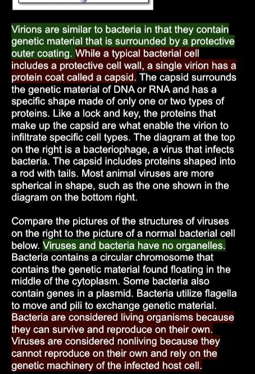 List 3 similarities of a virus and bacteria and give evidence from the text-example-1