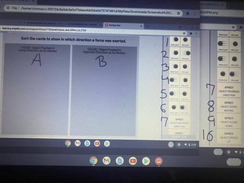 Sort the cards to show in which direction a force was exerted. PLEASEEE HELP!!??-example-1