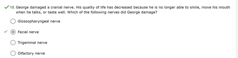 George damaged a cranial nerve. His quality of life has decreased because he is no-example-1