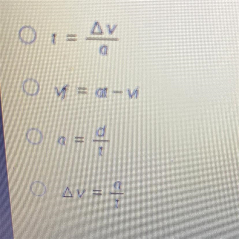 Which equation can be used to solve for acceleration?-example-1