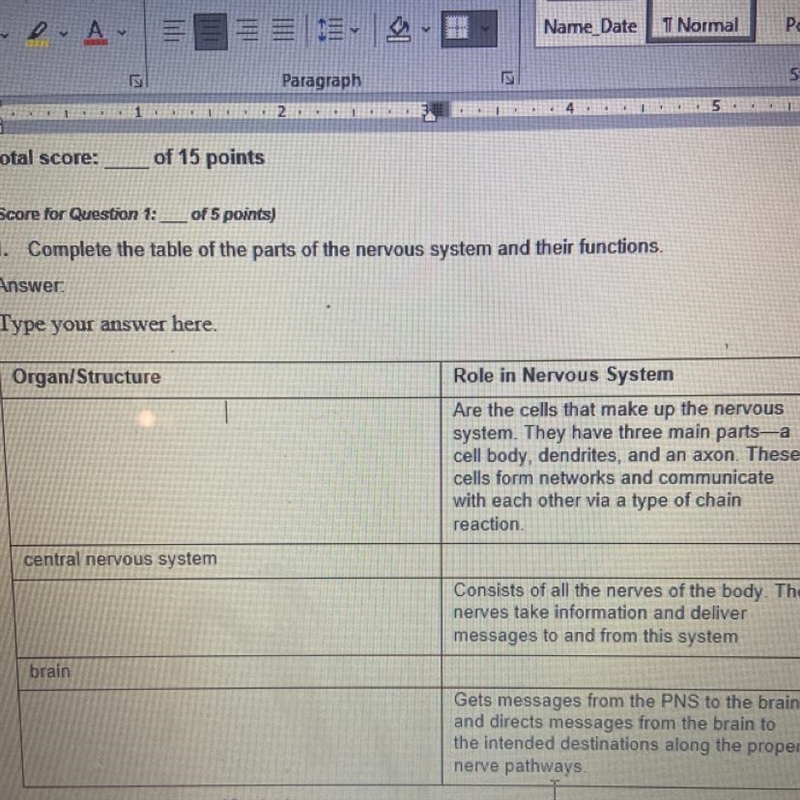 Type your answer here. Organ/Structure Role in Nervous System Are the cells that make-example-1