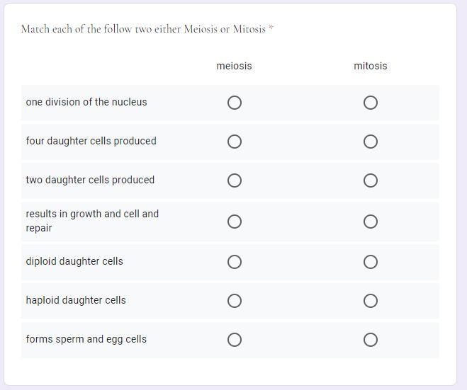 Match each of the follow two either Meiosis or Mitosis-example-1